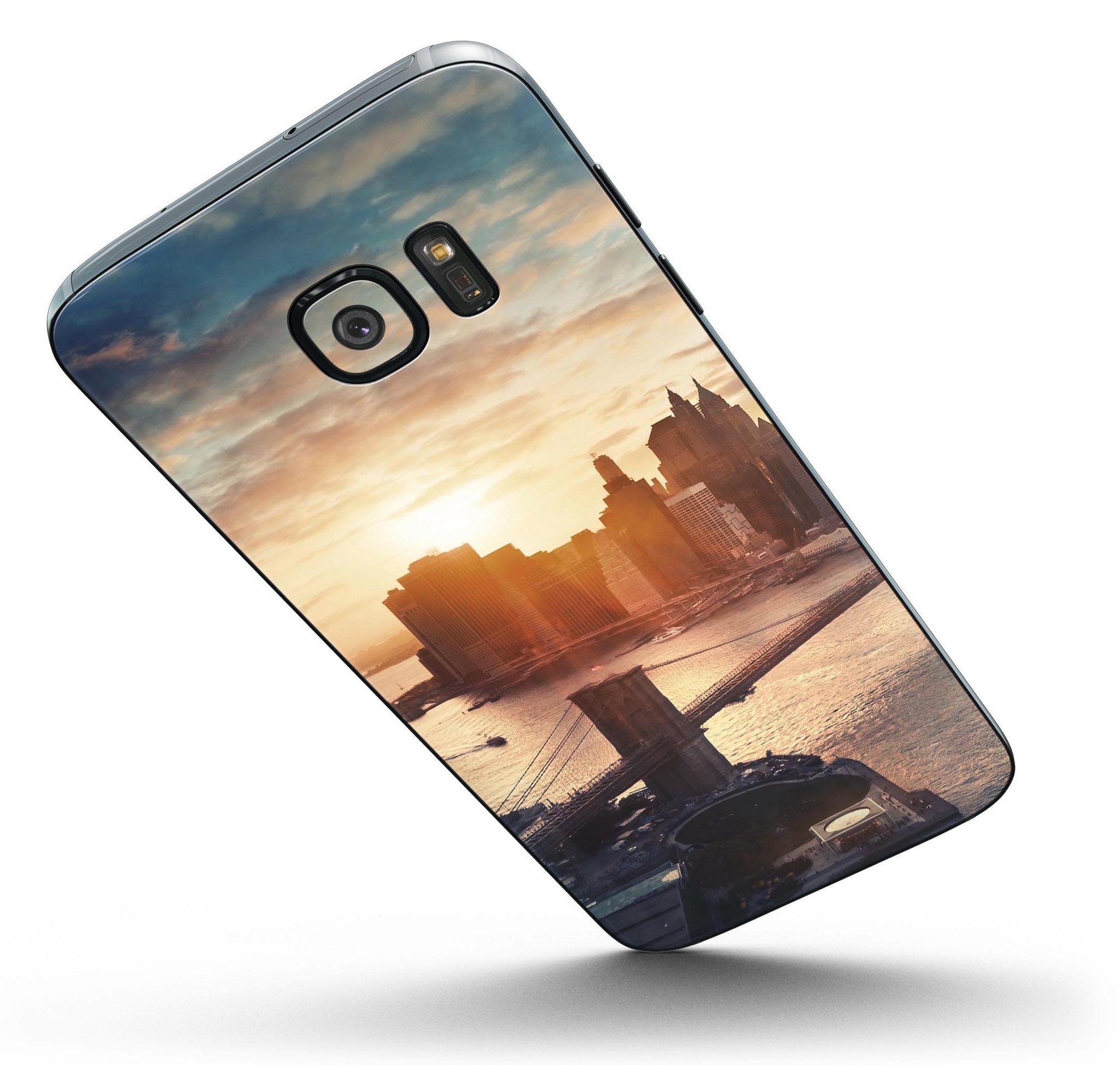 NYC Sunset Eve Full Body Skin-Kit for Samsung Galaxy S7 and S7 Edge, showcasing vibrant design and premium vinyl material.